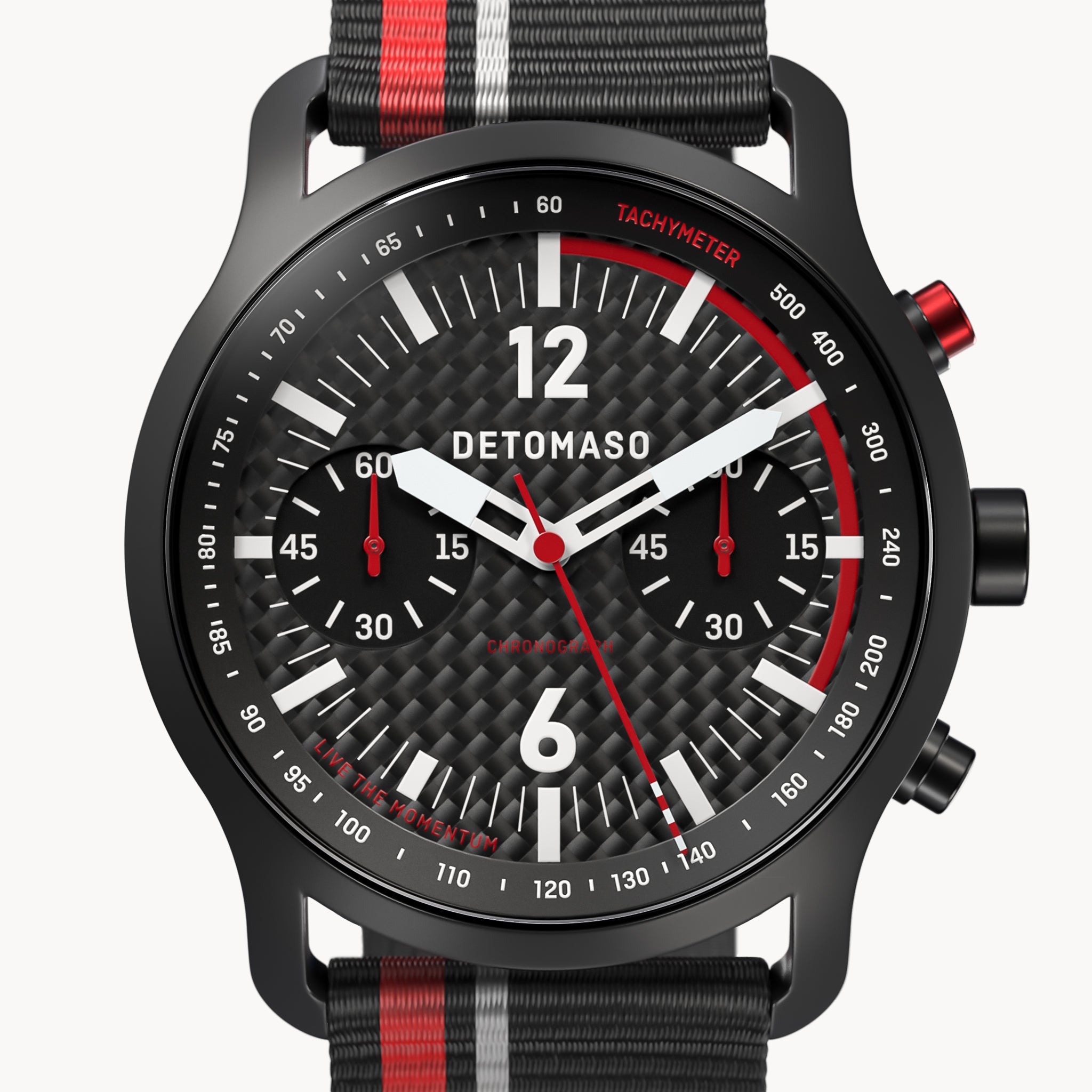 SORPASSO CHRONOGRAPH CARBON BLACK RED
 - Ocean Plastic Black / Red Woven - Detomaso Watches