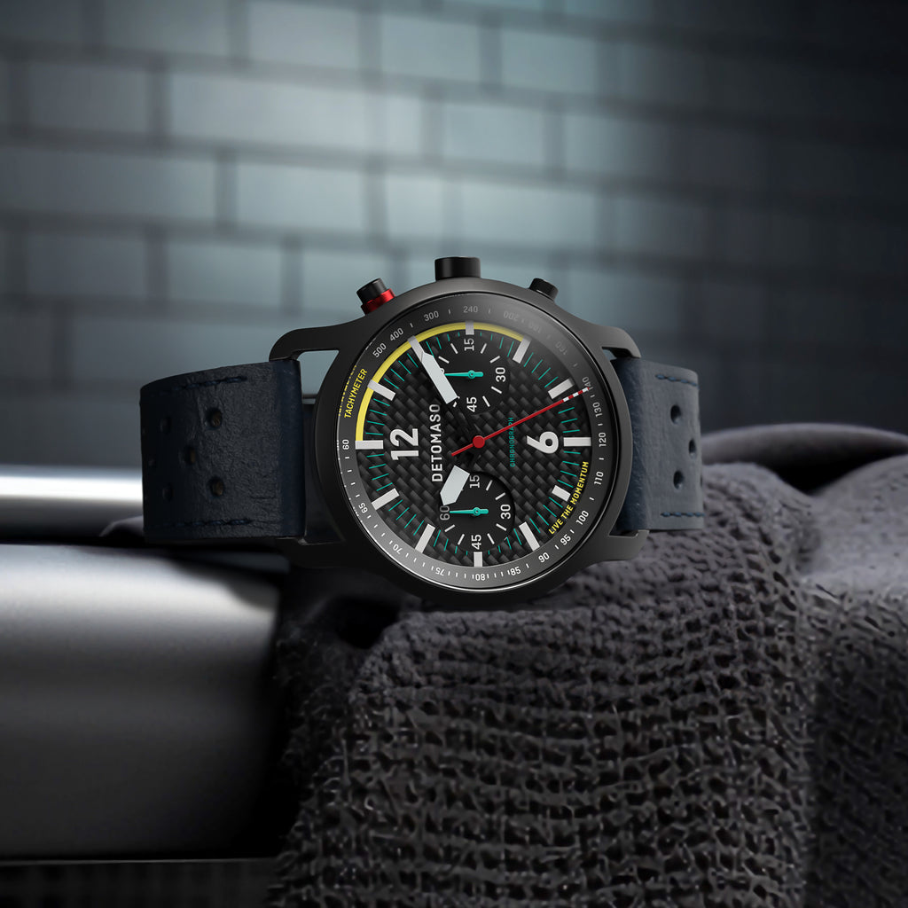 SORPASSO CHRONOGRAPH CARBON BLACK YELLOW - Leather Blue Racing - Detomaso Watches