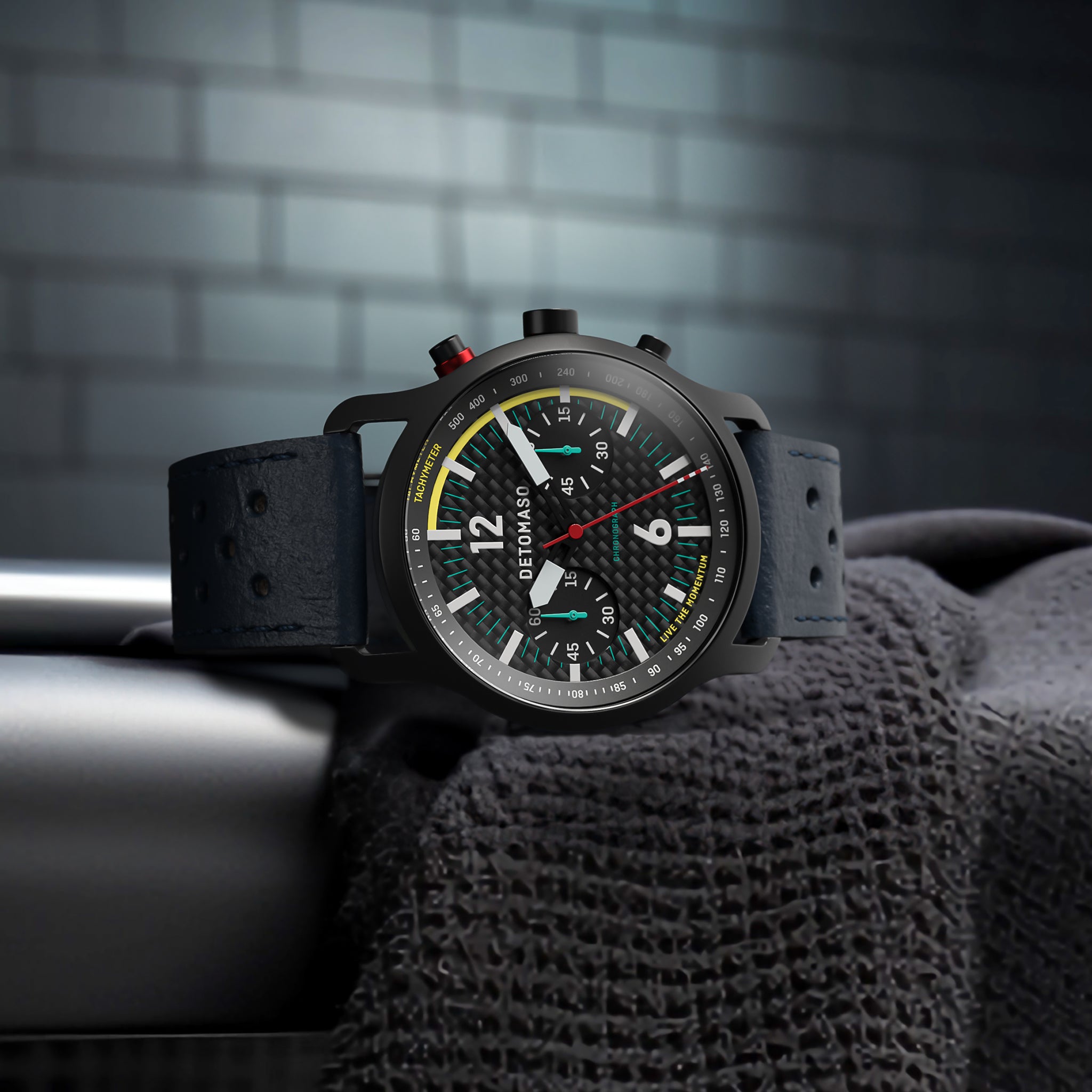 SORPASSO CHRONOGRAPH CARBON BLACK YELLOW - Leather Blue Racing - Detomaso Watches