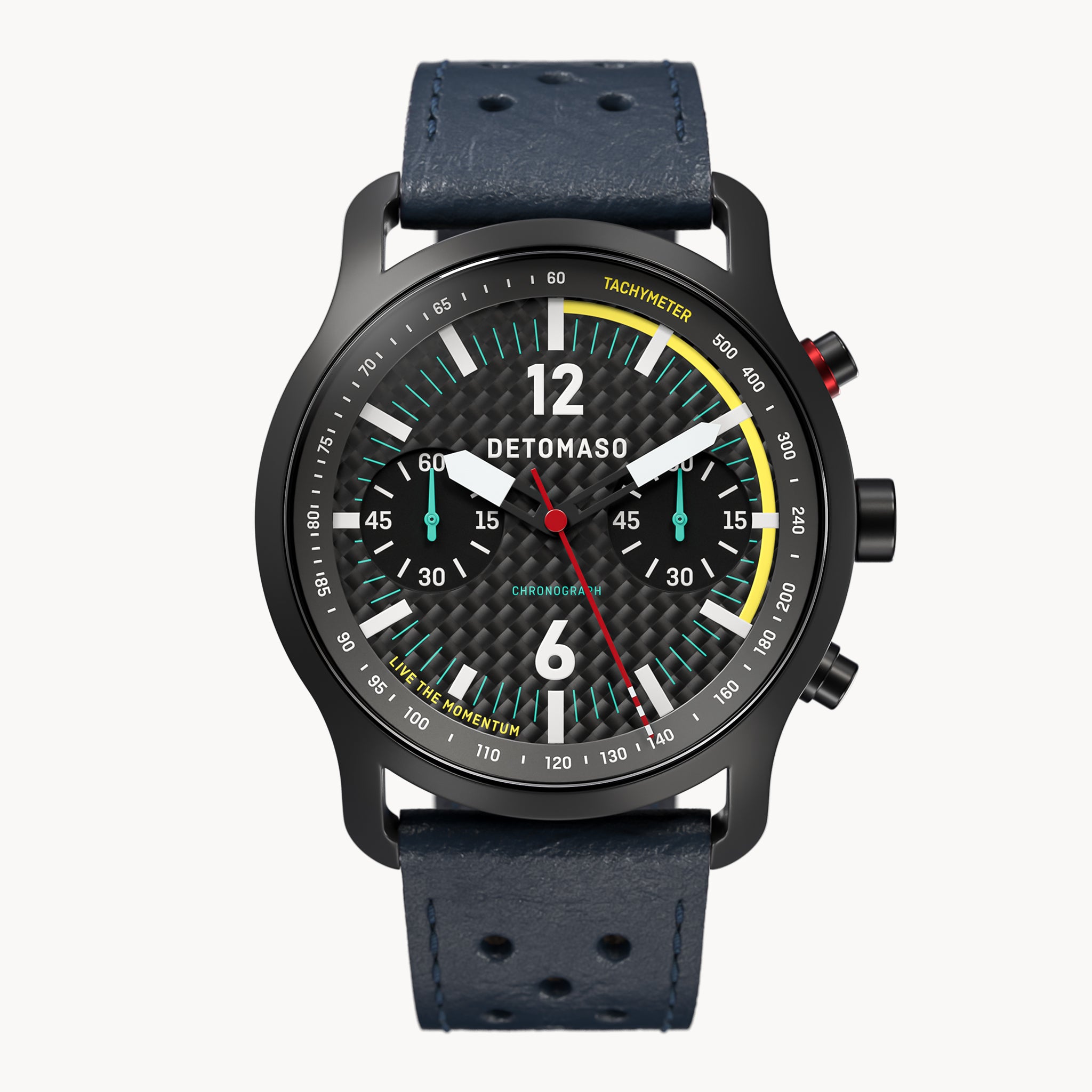 SORPASSO CHRONOGRAPH CARBON BLACK YELLOW - Leather Blue Racing - Detomaso Watches