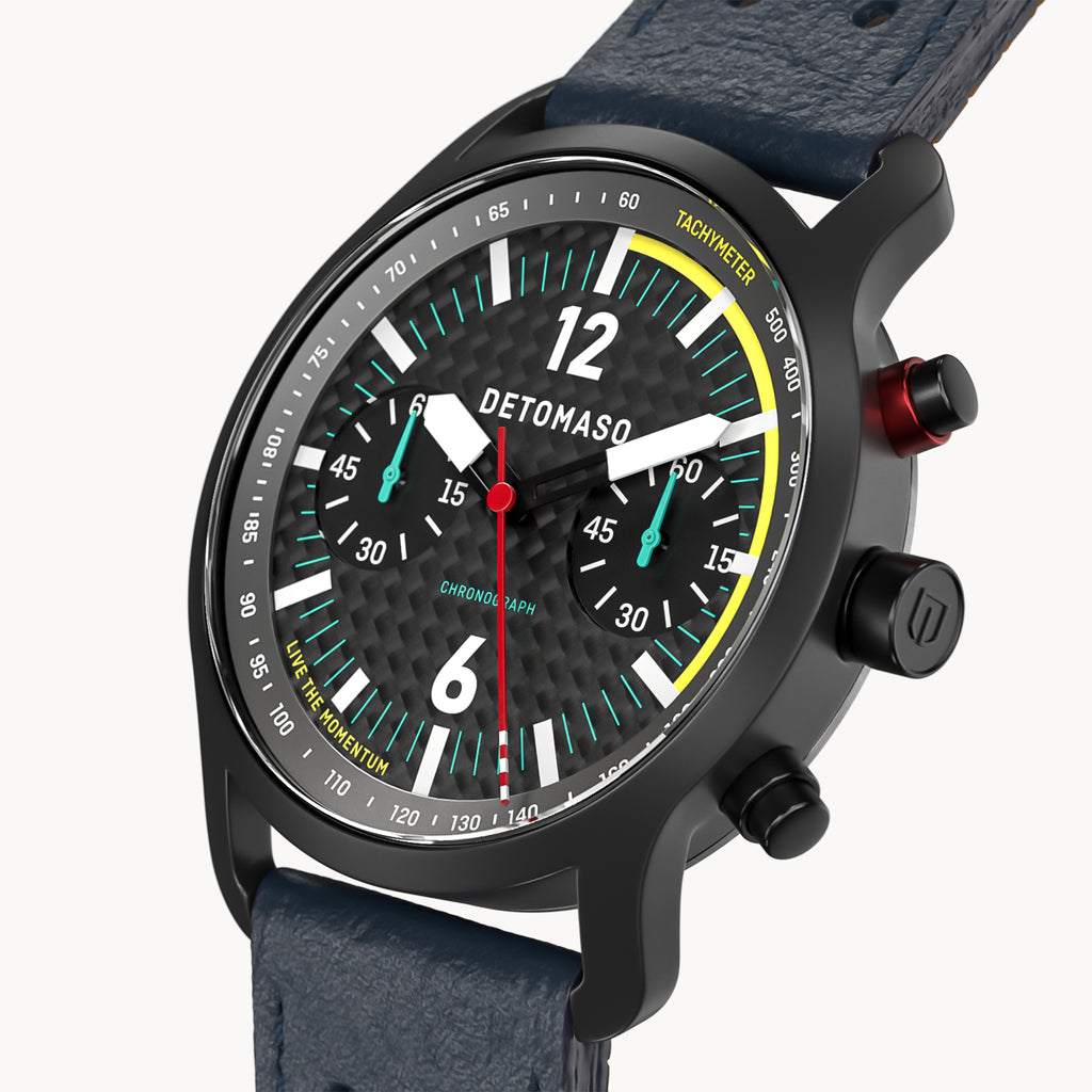SORPASSO CHRONOGRAPH CARBON BLACK YELLOW - Leather Blue Racing - Detomaso Watches