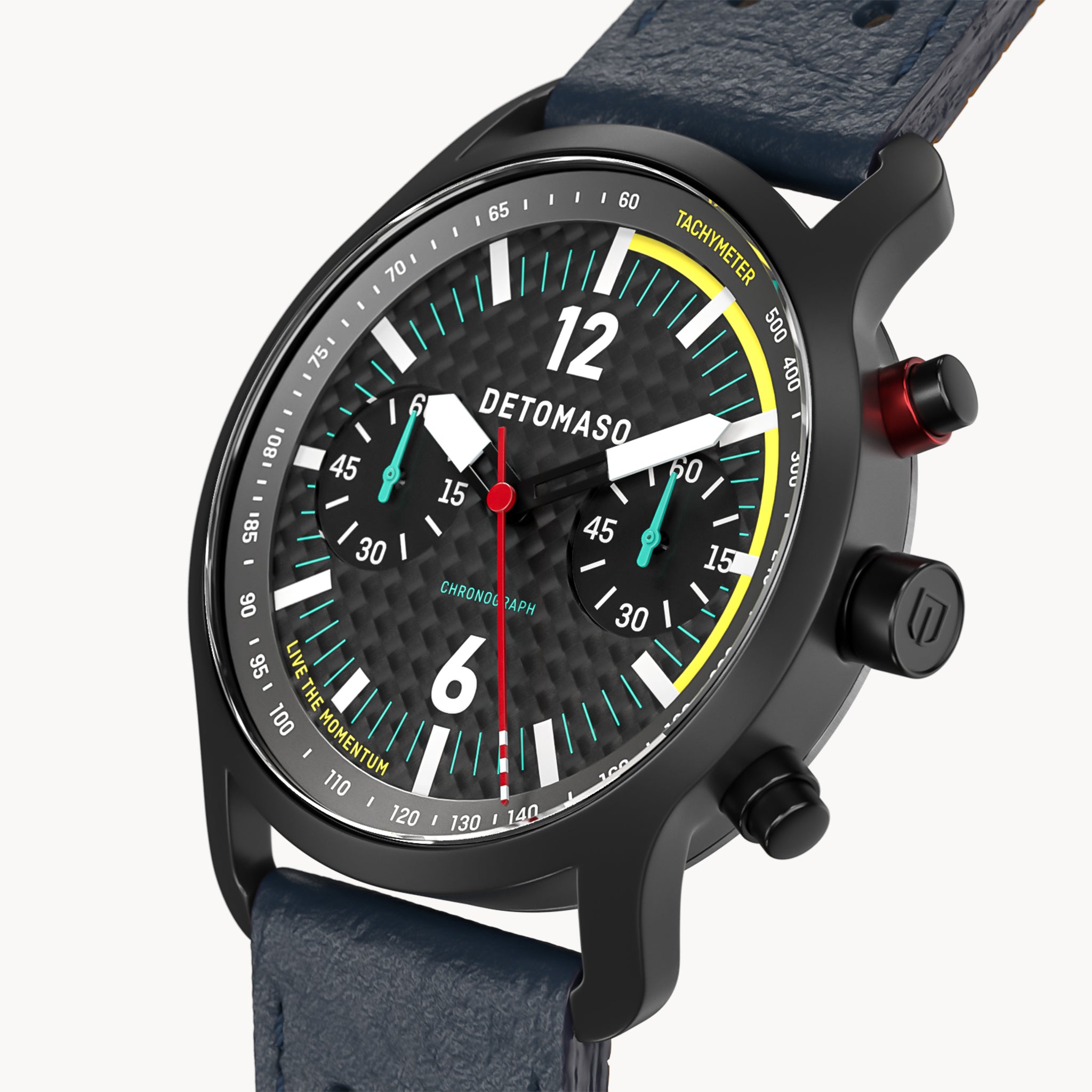 SORPASSO CHRONOGRAPH CARBON BLACK YELLOW - Leather Blue Racing - Detomaso Watches