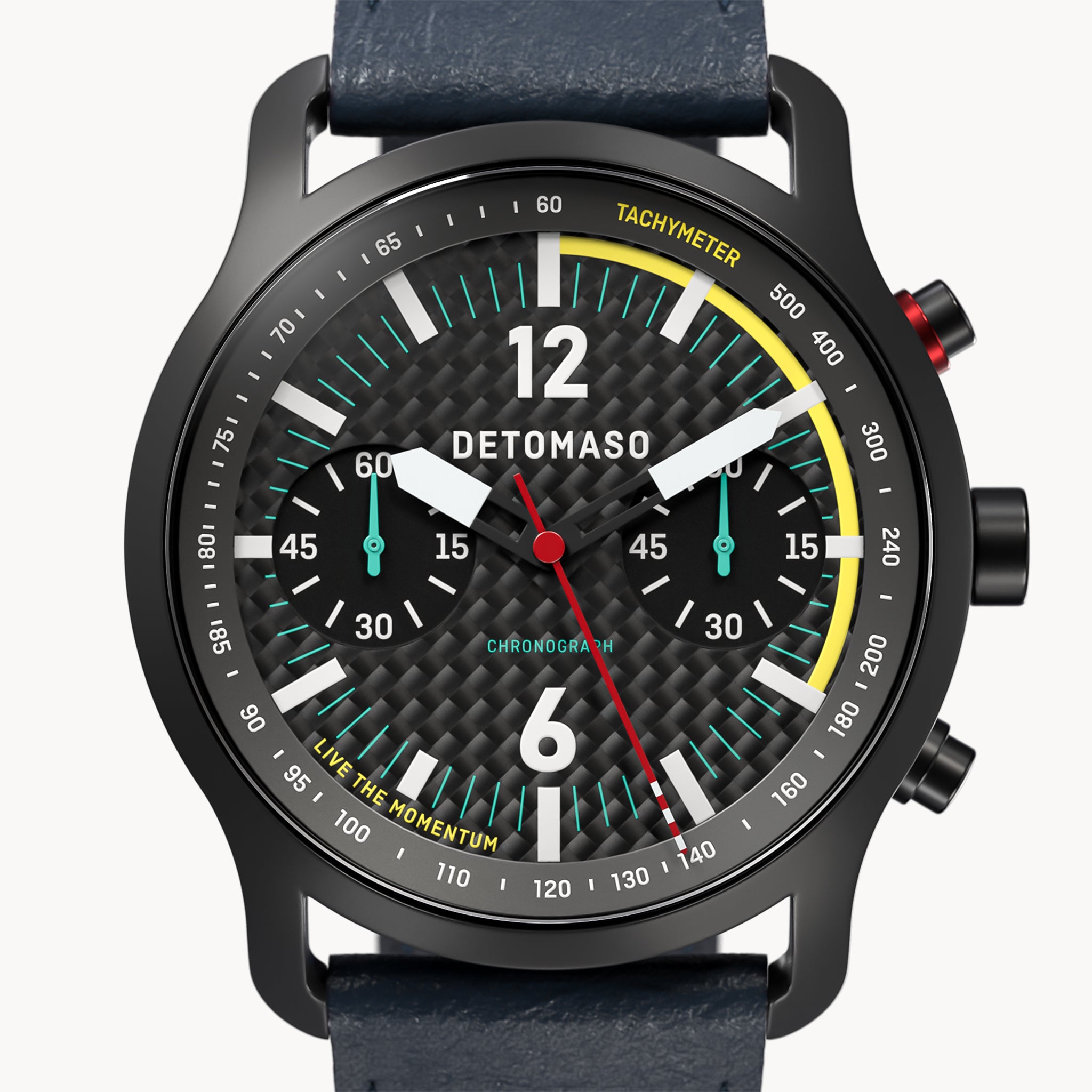 SORPASSO CHRONOGRAPH CARBON BLACK YELLOW - Leather Blue Racing - Detomaso Watches
