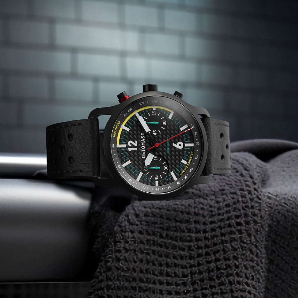 SORPASSO CHRONOGRAPH CARBON BLACK YELLOW - Leather Black Racing - Detomaso Watches