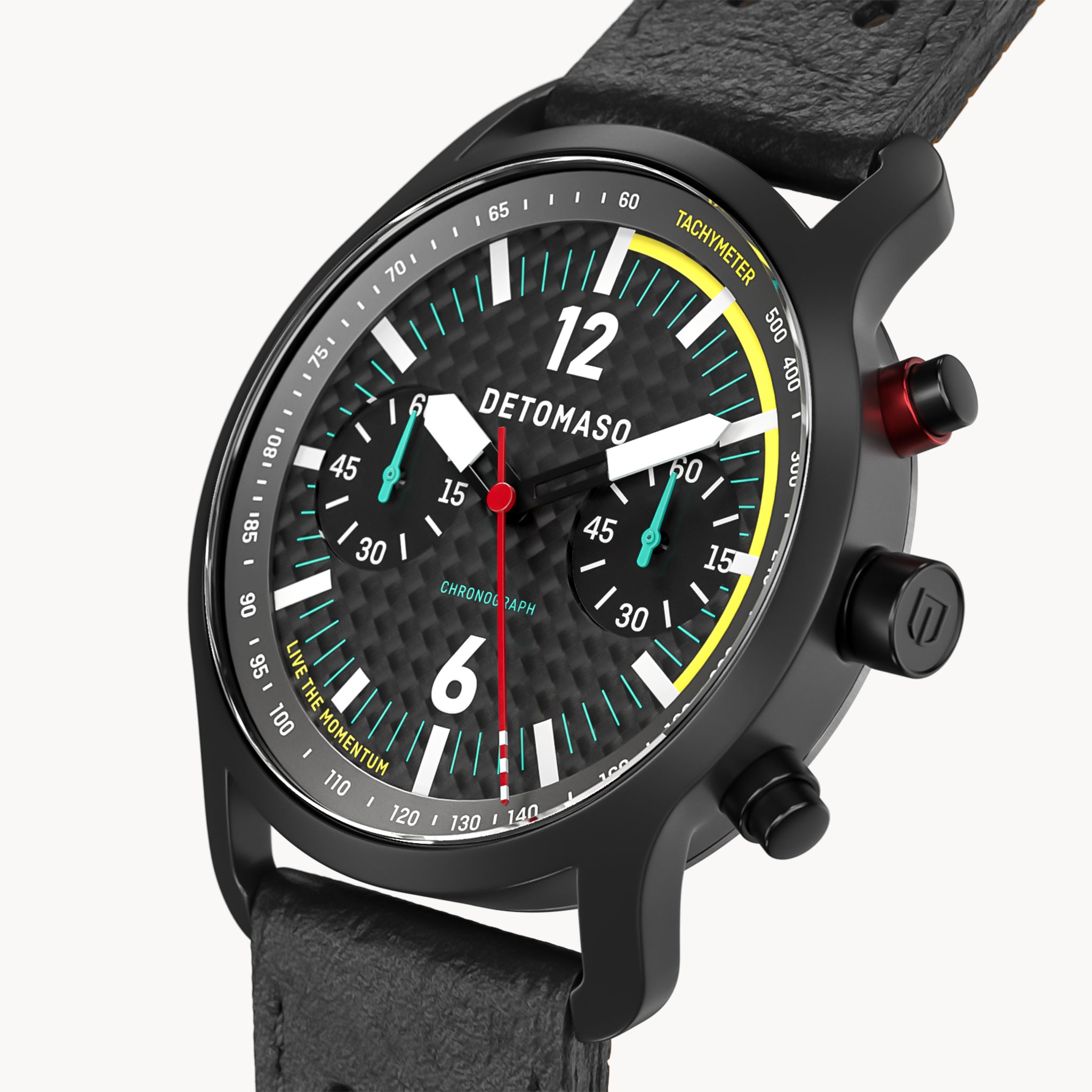 SORPASSO CHRONOGRAPH CARBON BLACK YELLOW - Leather Black Racing - Detomaso Watches