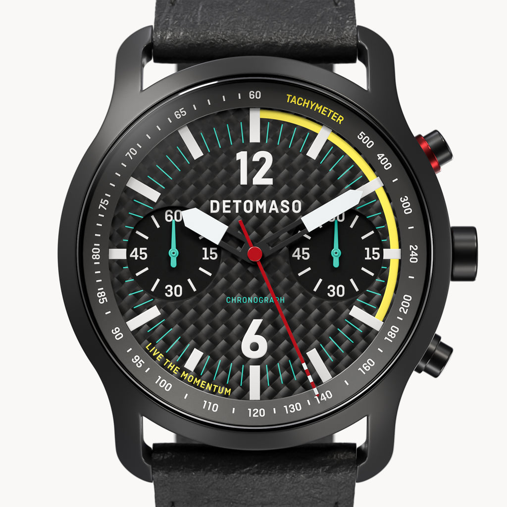 SORPASSO CHRONOGRAPH CARBON BLACK YELLOW - Leather Black Racing - Detomaso Watches