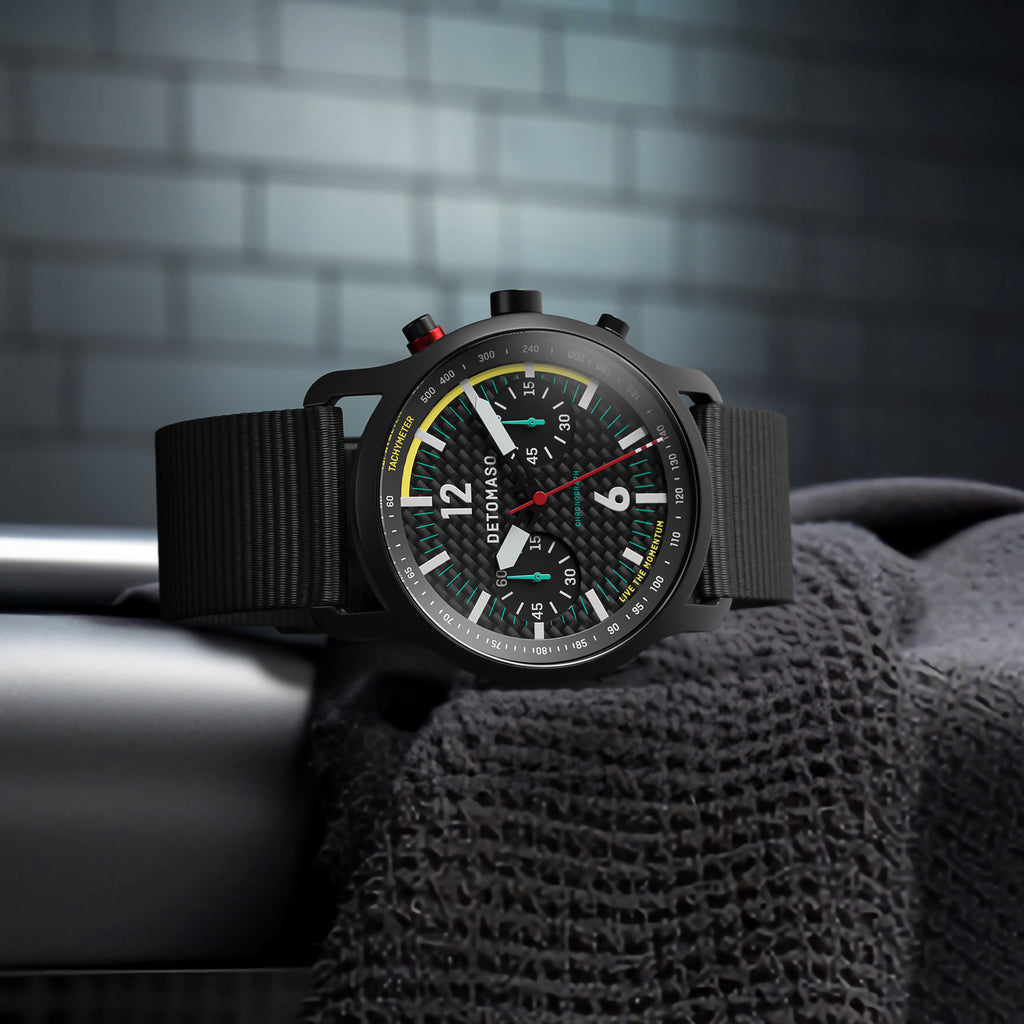 SORPASSO CHRONOGRAPH CARBON BLACK YELLOW - Ocean Plastic Black Woven - Detomaso Watches
