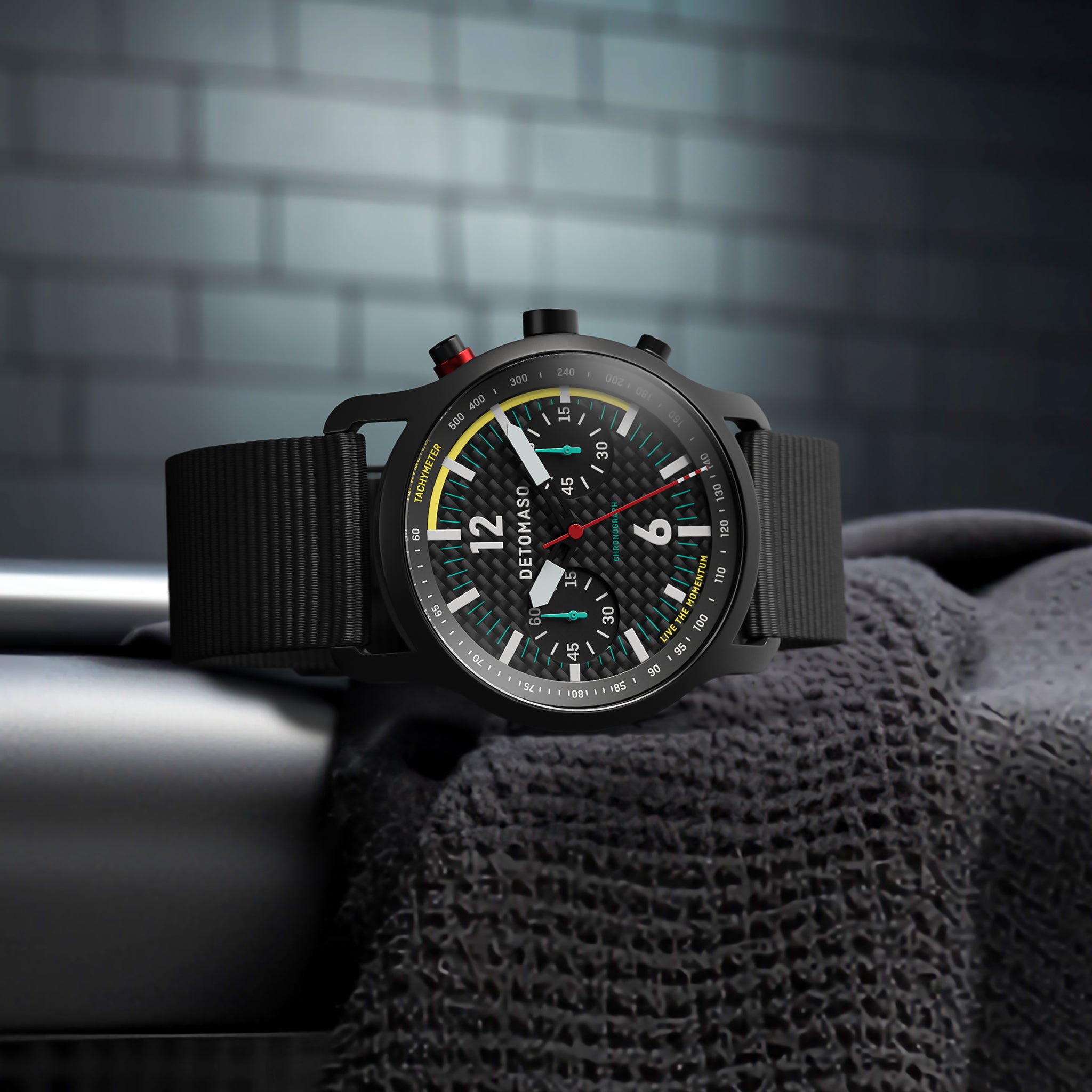 SORPASSO CHRONOGRAPH CARBON BLACK YELLOW - Ocean Plastic Black Woven - Detomaso Watches