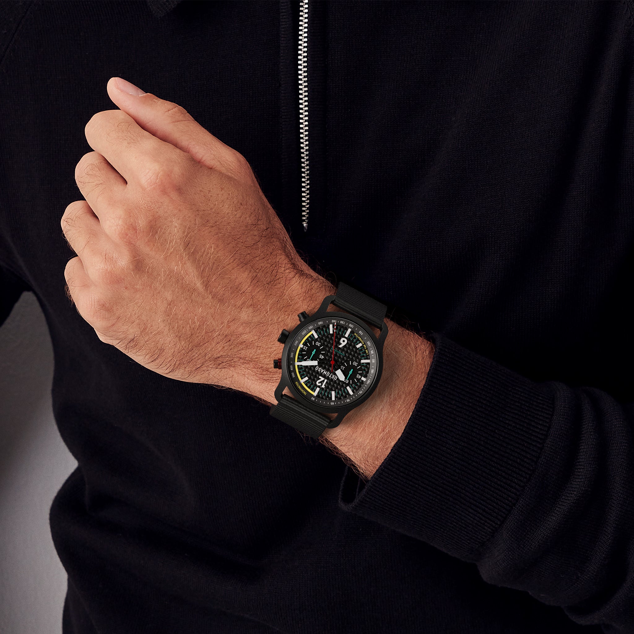 SORPASSO CHRONOGRAPH CARBON BLACK YELLOW - Ocean Plastic Black Woven - Detomaso Watches