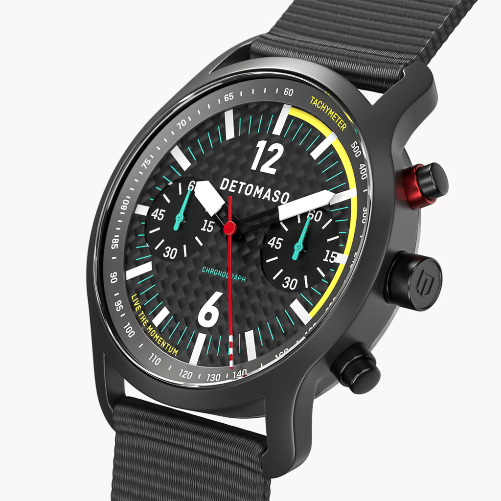 SORPASSO CHRONOGRAPH CARBON BLACK YELLOW - Ocean Plastic Black Woven - Detomaso Watches