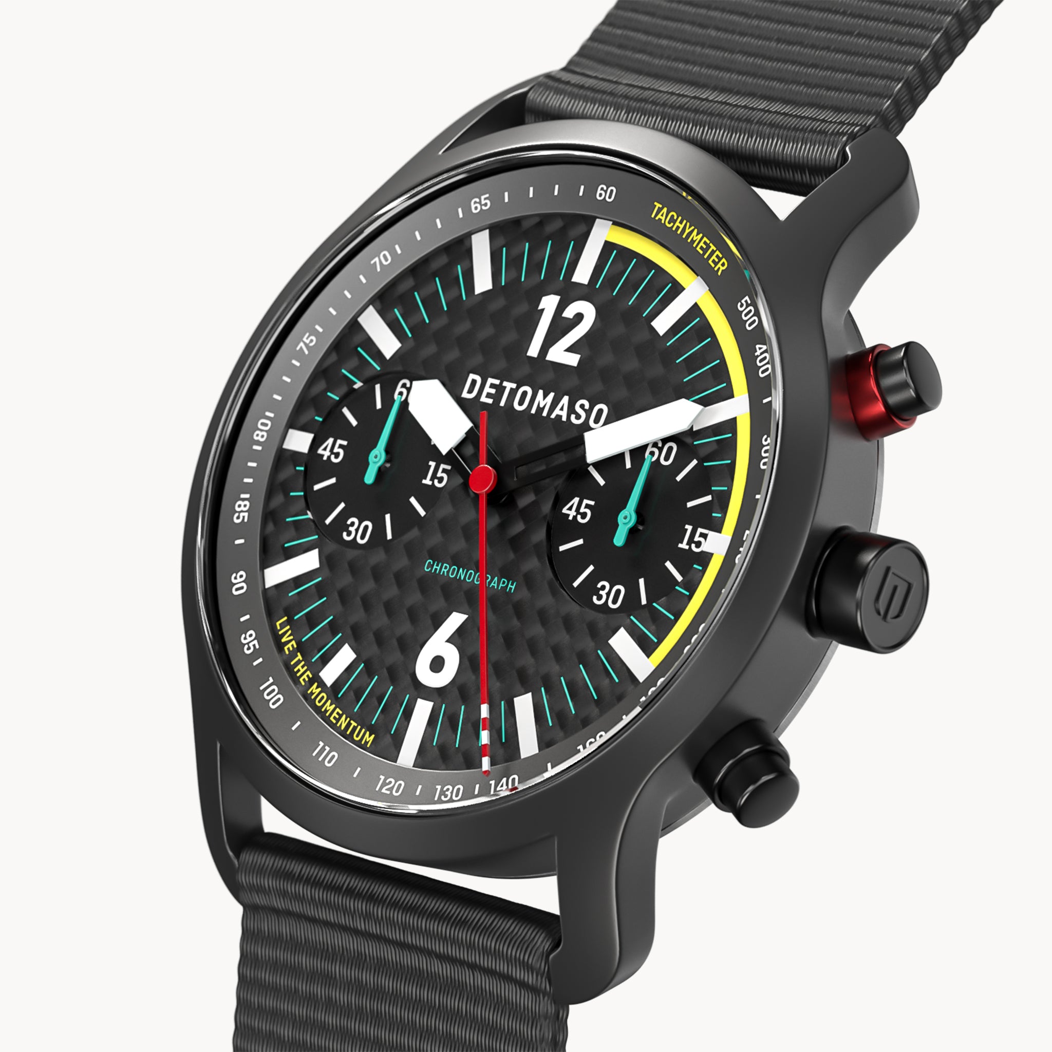 SORPASSO CHRONOGRAPH CARBON BLACK YELLOW - Ocean Plastic Black Woven - Detomaso Watches