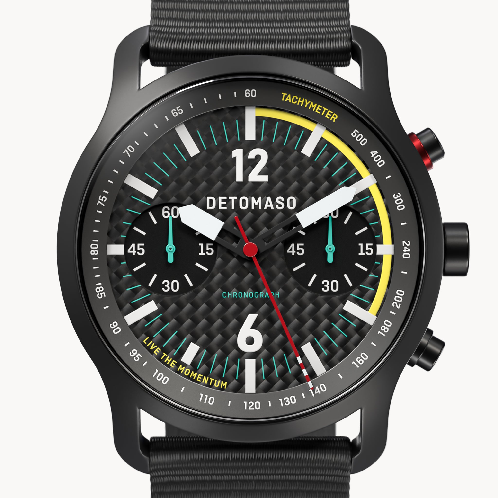 SORPASSO CHRONOGRAPH CARBON BLACK YELLOW - Ocean Plastic Black Woven - Detomaso Watches