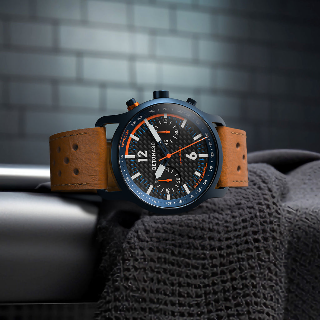 SORPASSO CHRONOGRAPH CARBON BLUE ORANGE - Leather Light brown Racing - Detomaso Watches