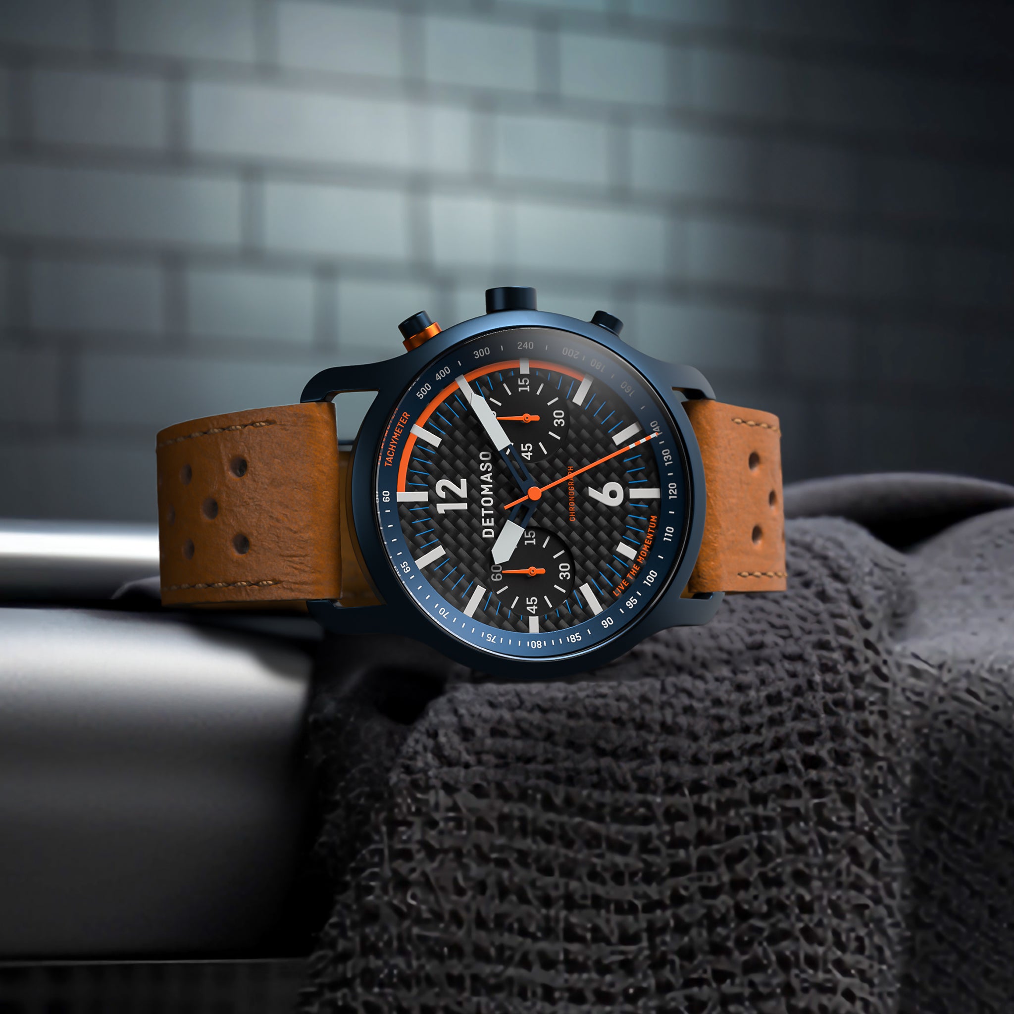 SORPASSO CHRONOGRAPH CARBON BLUE ORANGE - Leather Light brown Racing - Detomaso Watches