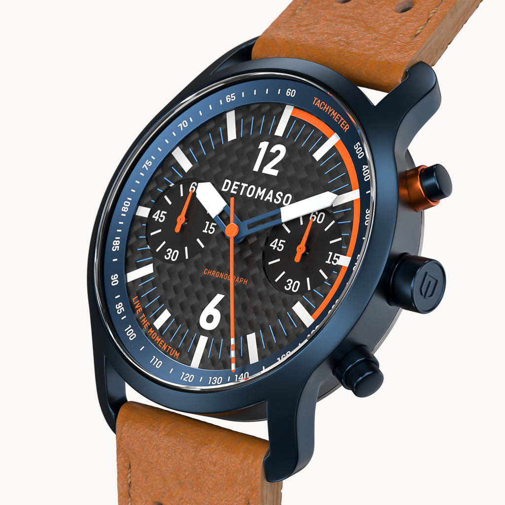 SORPASSO CHRONOGRAPH CARBON BLUE ORANGE - Leather Light brown Racing - Detomaso Watches