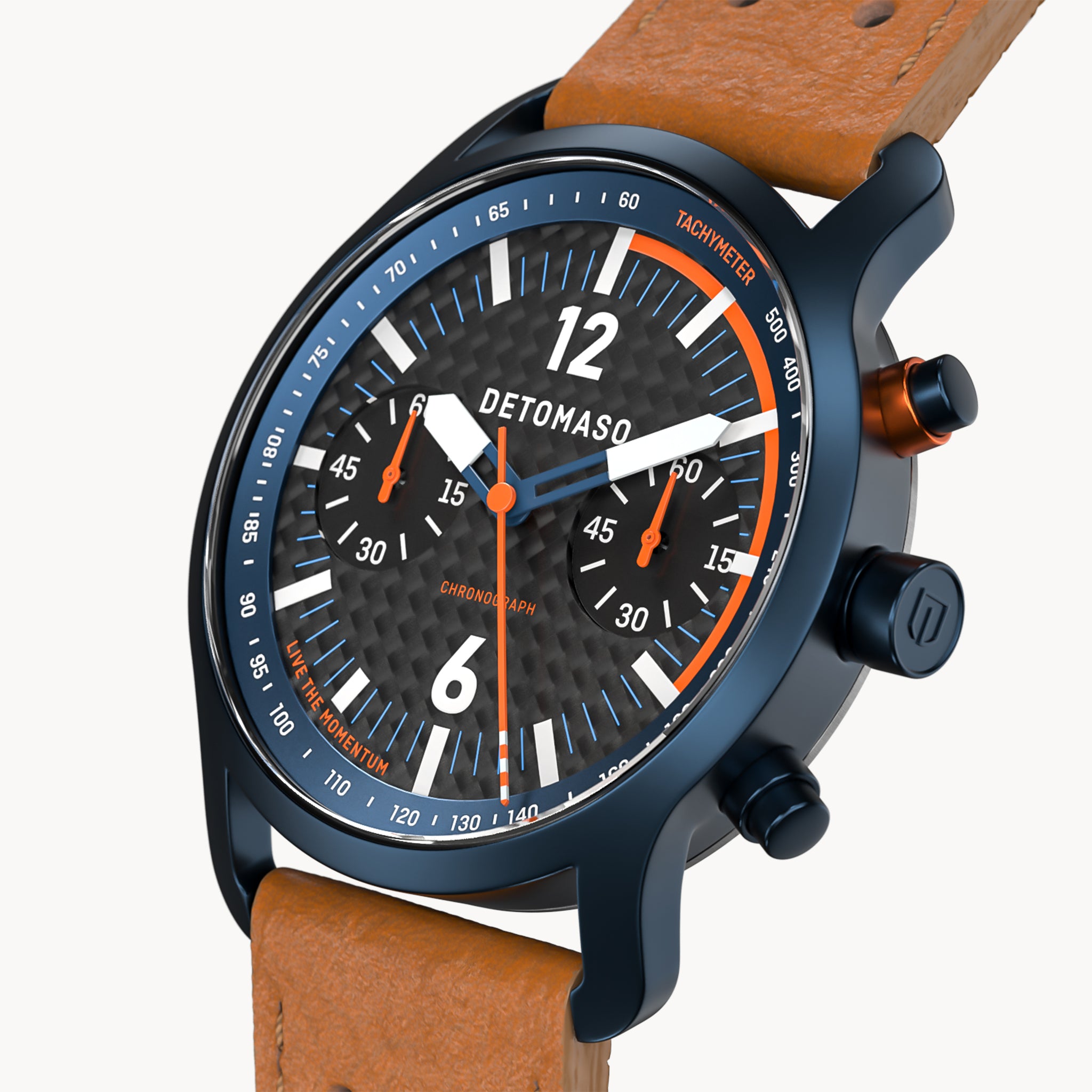 SORPASSO CHRONOGRAPH CARBON BLUE ORANGE - Leather Light brown Racing - Detomaso Watches