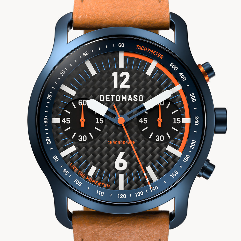 SORPASSO CHRONOGRAPH CARBON BLUE ORANGE - Leather Light brown Racing - Detomaso Watches