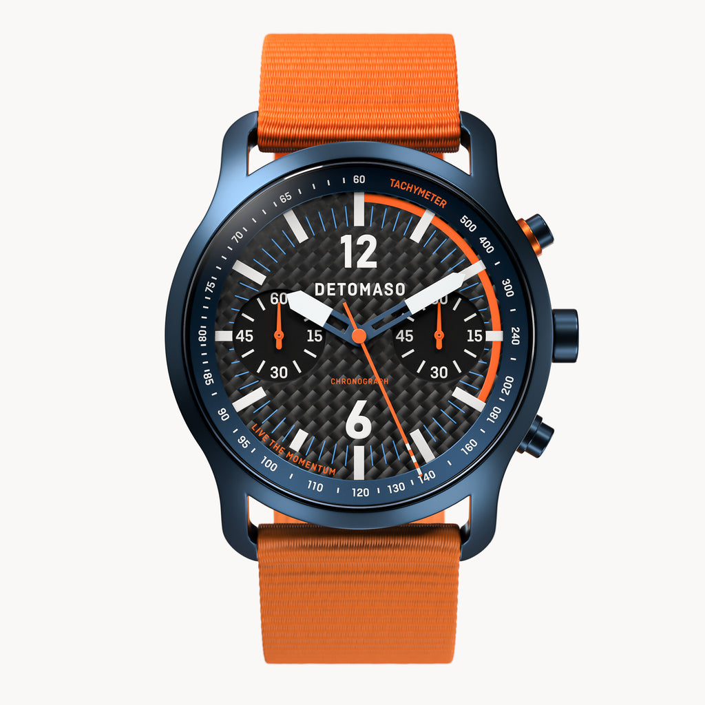 SORPASSO CHRONOGRAPH CARBON BLUE ORANGE - Ocean Plastic Orange Woven - Detomaso Watches