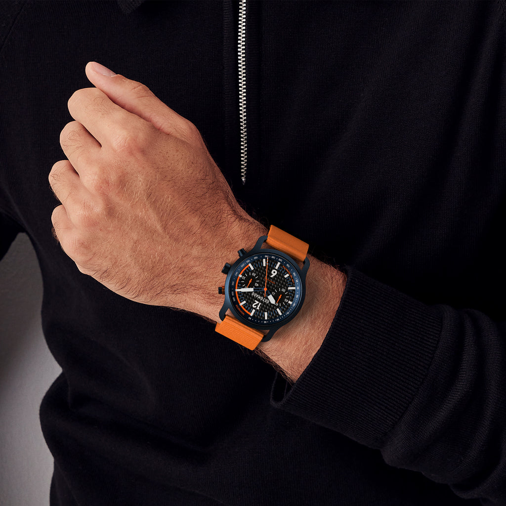 SORPASSO CHRONOGRAPH CARBON BLUE ORANGE - Ocean Plastic Orange Woven - Detomaso Watches