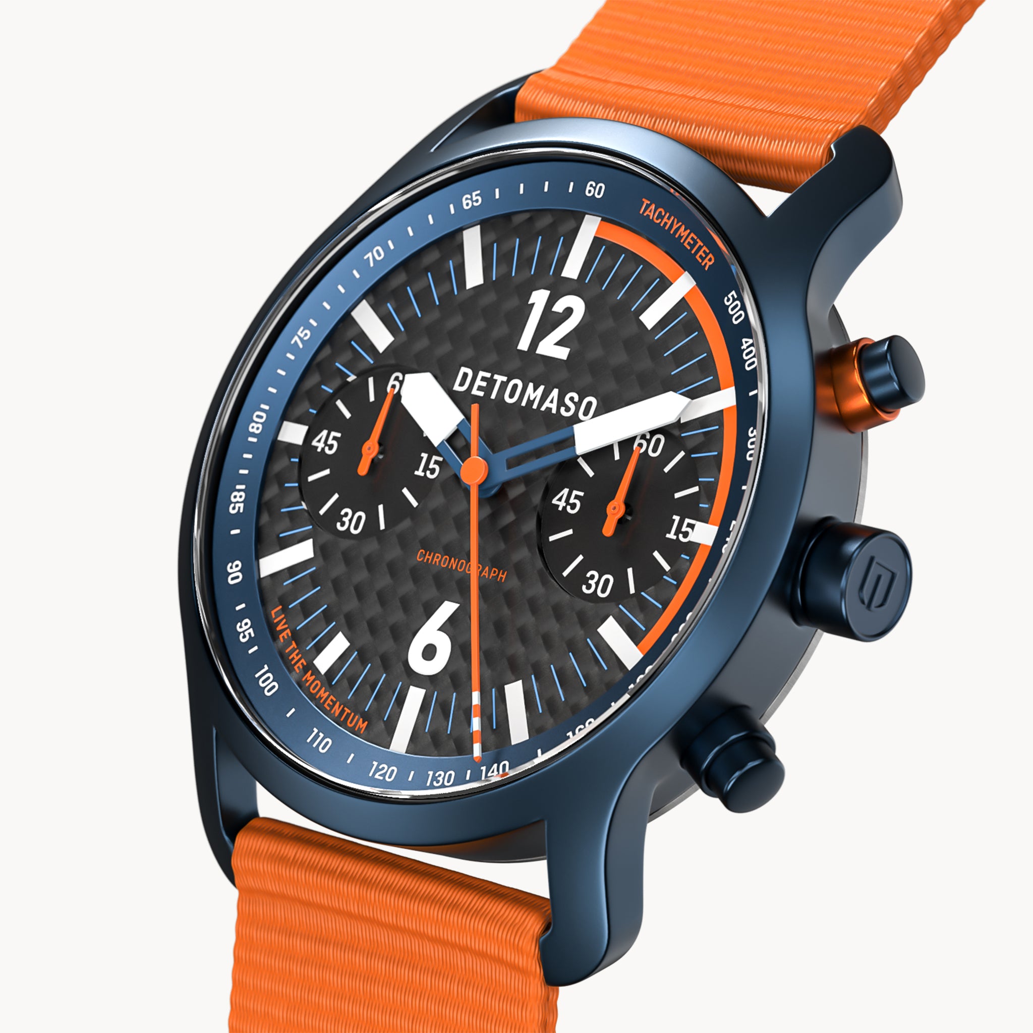 SORPASSO CHRONOGRAPH CARBON BLUE ORANGE - Ocean Plastic Orange Woven - Detomaso Watches