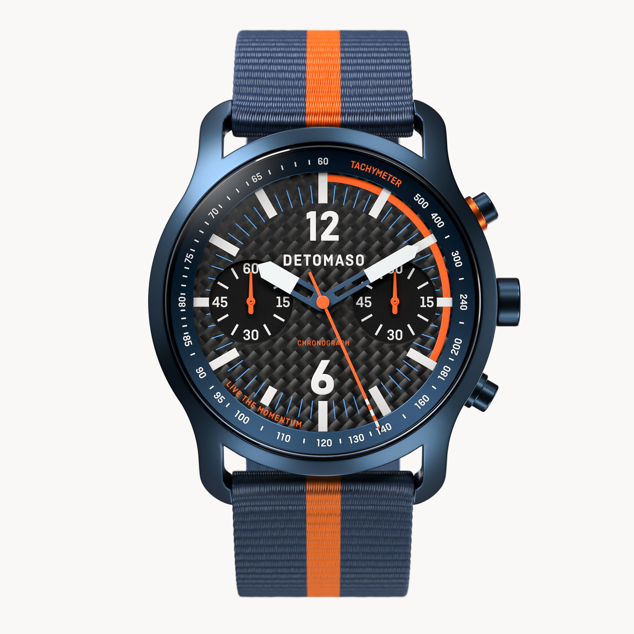 SORPASSO CHRONOGRAPH CARBON BLUE ORANGE - Ocean Plastic Dark blue Orange Woven - Detomaso Watches