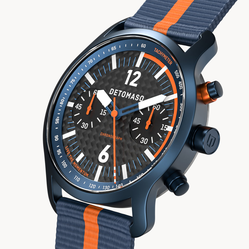 SORPASSO CHRONOGRAPH CARBON BLUE ORANGE - Ocean Plastic Dark blue Orange Woven - Detomaso Watches