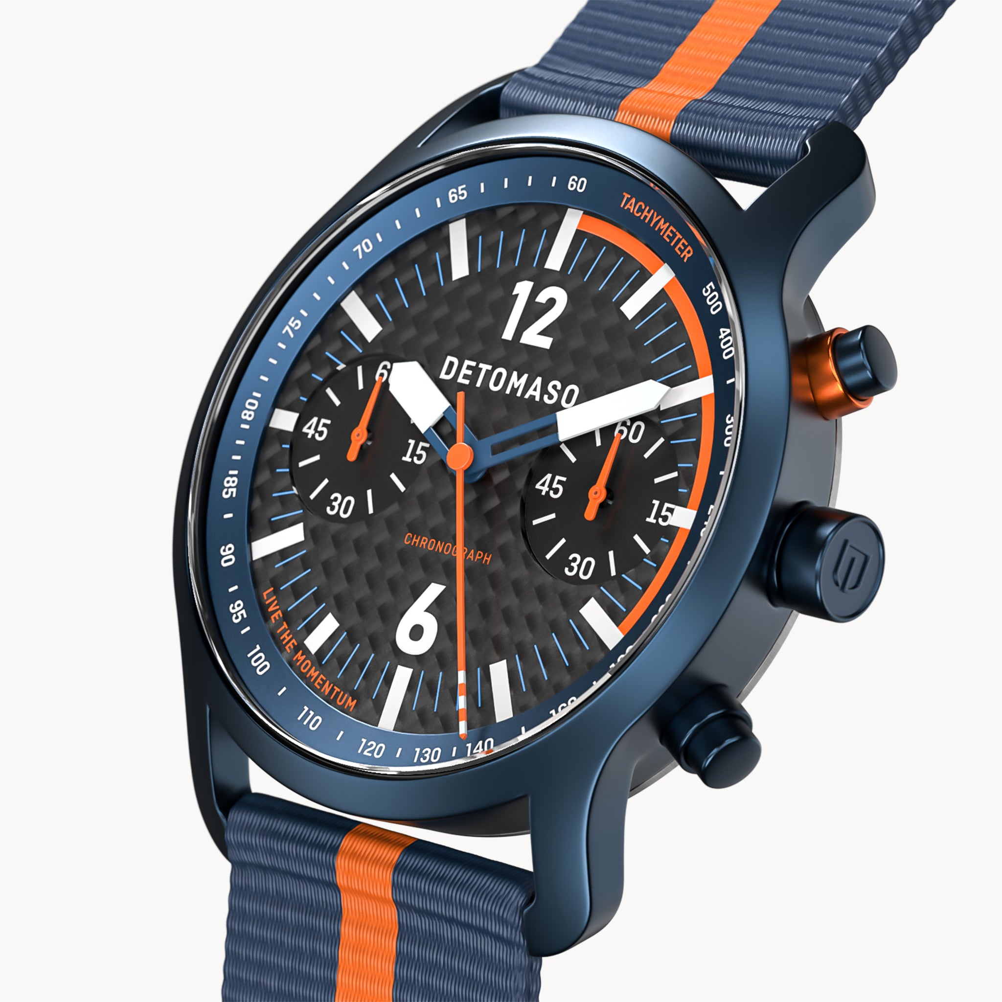 SORPASSO CHRONOGRAPH CARBON BLUE ORANGE - Ocean Plastic Dark blue Orange Woven - Detomaso Watches